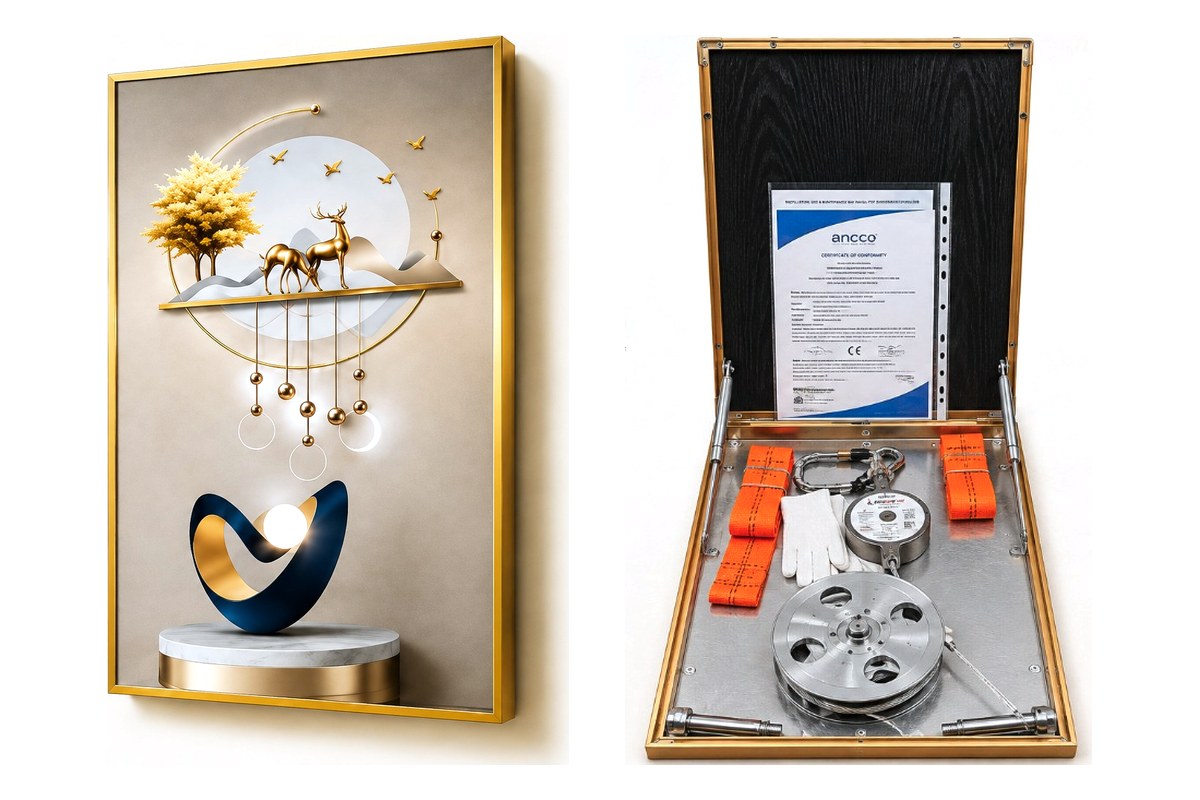 The ESCAPE ONE hidden system, shown closed and open. Closed, it is a gold-framed decorative wall panel — a gold tree, two deer and a moon above a navy and gold sculpture. Opened, the same frame holds the escape kit: the certificate of conformity, orange harness webbing, gloves, a locking carabiner, the descender unit and a reel of steel wire rope.