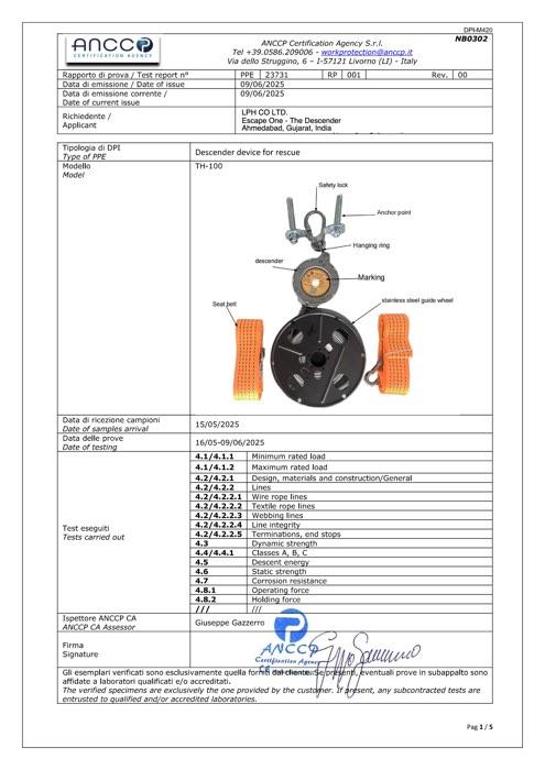 Test report PPE 23731 RP 001, page 1 of 5