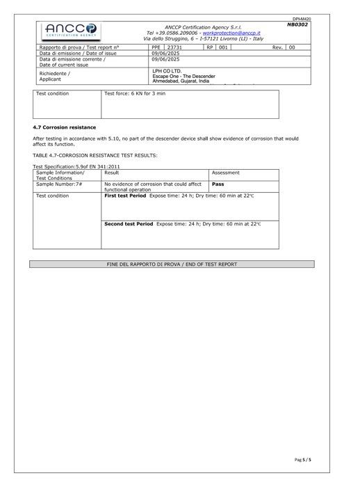 Test report PPE 23731 RP 001, page 5 of 5