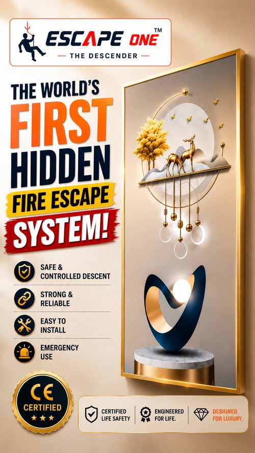 Poster for the Short: “The world's first hidden fire escape system”, over the gold-framed decorative wall panel that conceals the descender. Marked CE certified.
