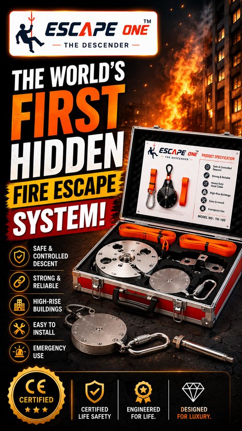 Poster for the Short: “The world's first hidden fire escape system”, over the open red ESCAPE ONE case and its descender, webbing and anchor bolt, against a burning high-rise. Marked CE certified.